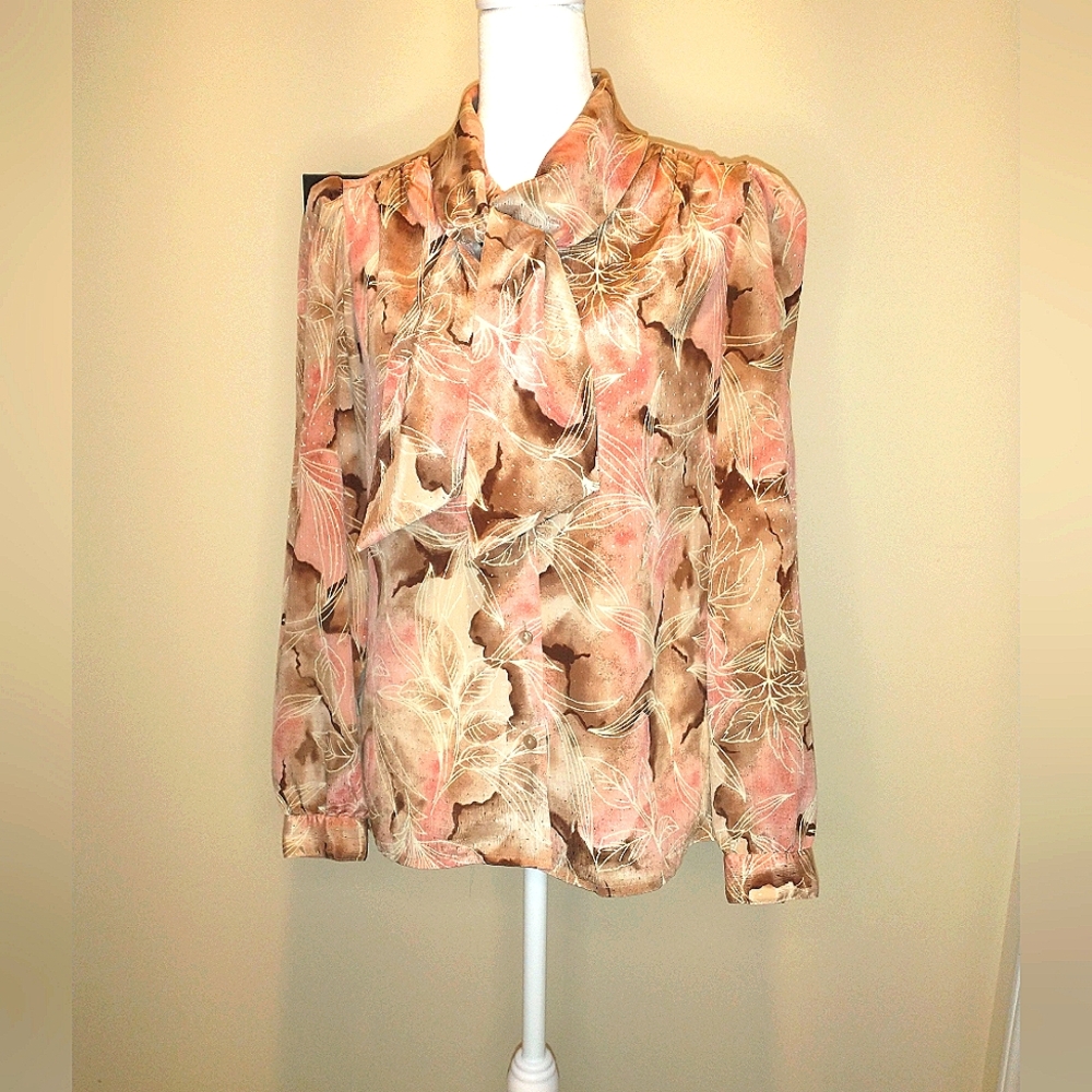 Pykettes Pink and Brown Button Down Blouse with Fabric Tie